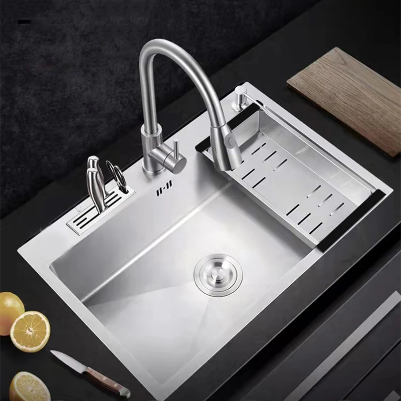 

304 Stainless Steel Kitchen Sink with Knife-Holder Multifunction Single Bowl Brushed Topmount Wash Basin for Kitchen Fixture