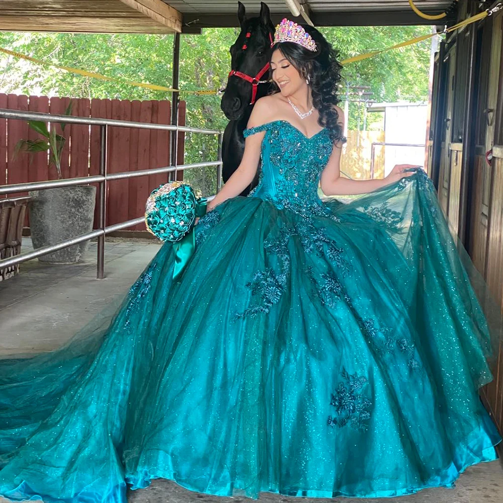 

Sparkle Tulle Quinceanera Dresses Mexican Sweetheart Puffy Ball Gowns Blue Off-The-Shoulder A-Line Lace Up Vestidos De XV Anos
