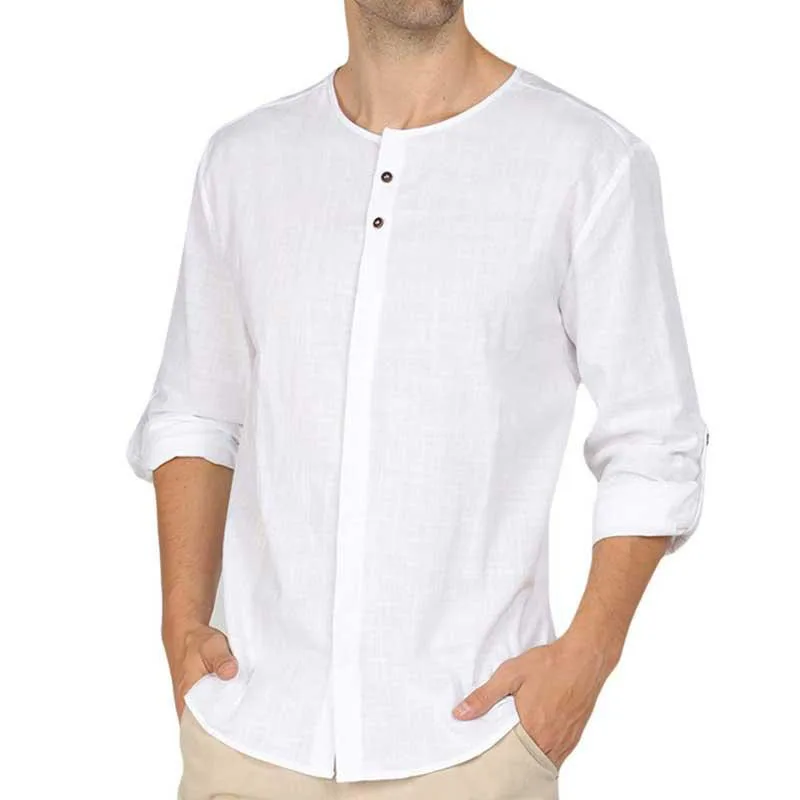 

Рубашка мужская из хлопка и льна, льняная сорочка с длинным рукавом и регулируемыми рукавами, дышащий Топ, средней длины, размер 2Xl