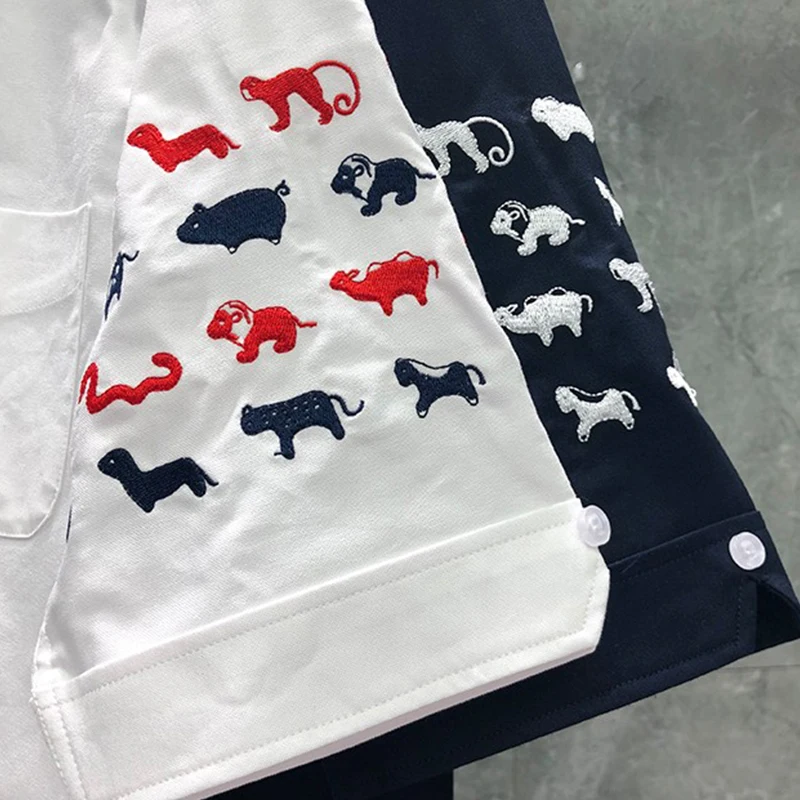TB THOM Summer Shirt Fashion Brand Short Sleeve Animals Embroidery 4-bar Striped Men's Shirt Cotton Oxford Wholesale TB Shirt