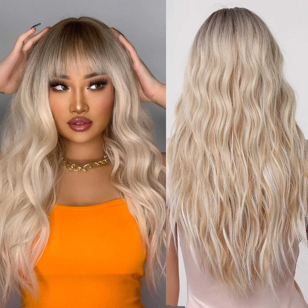 

Long Blonde Synthetic Wigs Body Wavy Women Wig with Bangs for Black Women African Cosplay Natural Fake Hair Heat Resistant Fiber