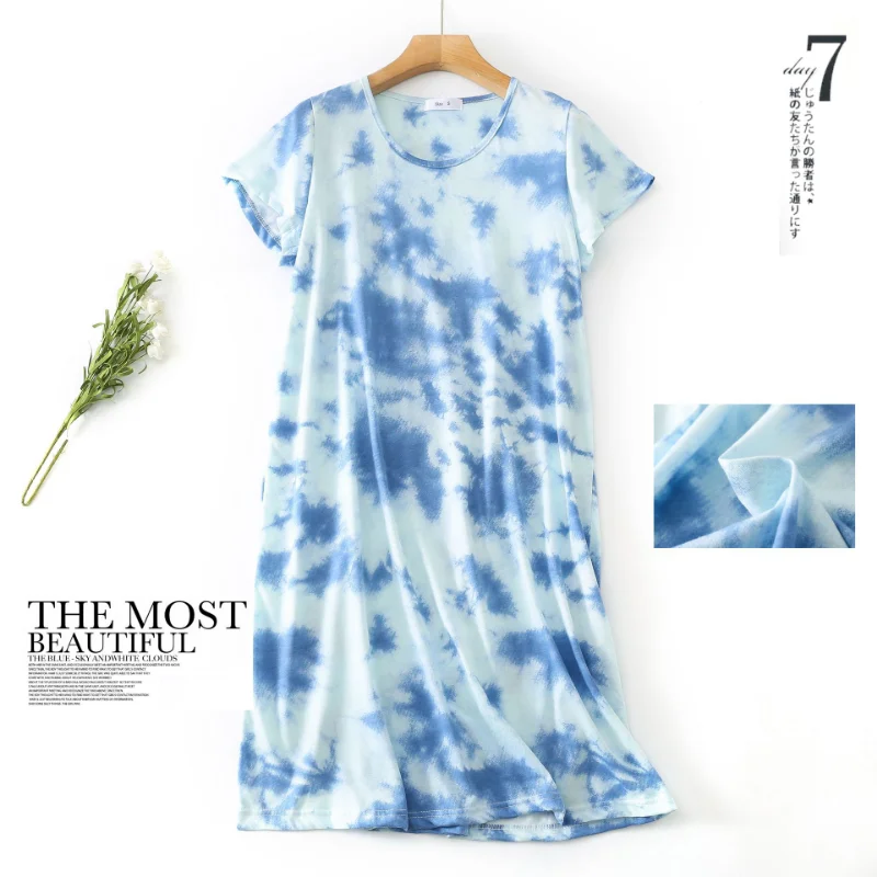 2023 summer nightdress women's large size cute tie-dye home service knitted cotton plus fat short-sleeved round neck pajamas
