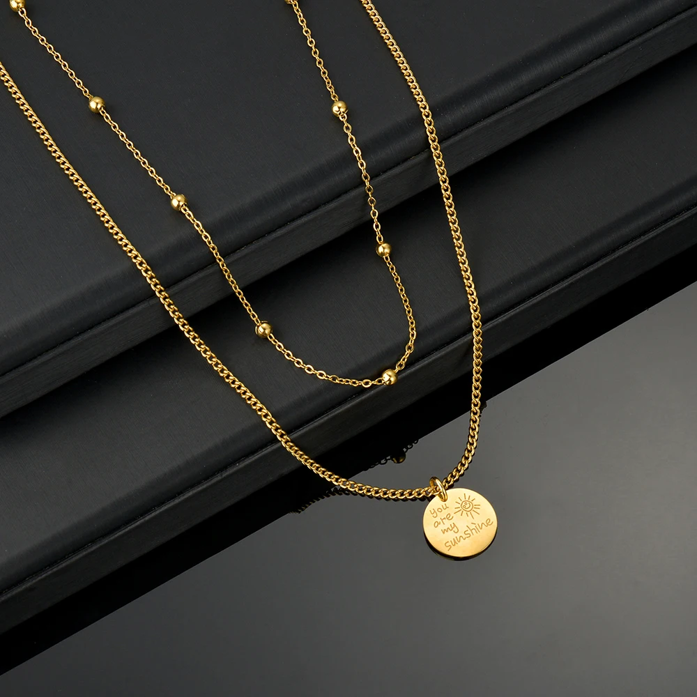 

Многослойное ожерелье для женщин, позолоченная цепочка, милый простой Солнечный кулон, чокер из нержавеющей стали, оптовая продажа