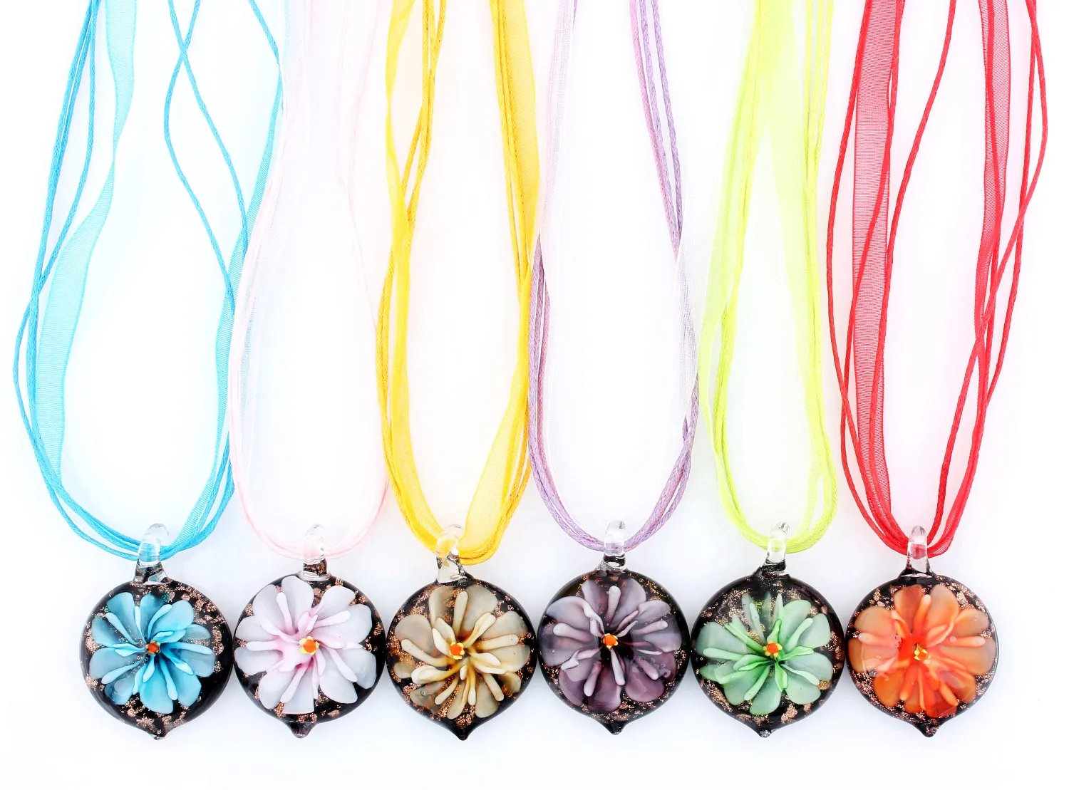 

Fashion Wholesale Lots 6pcs Handmade Murano Lampwork Glass Mixed Color Heart Flower Inside Pendants Silk Cords Necklace New