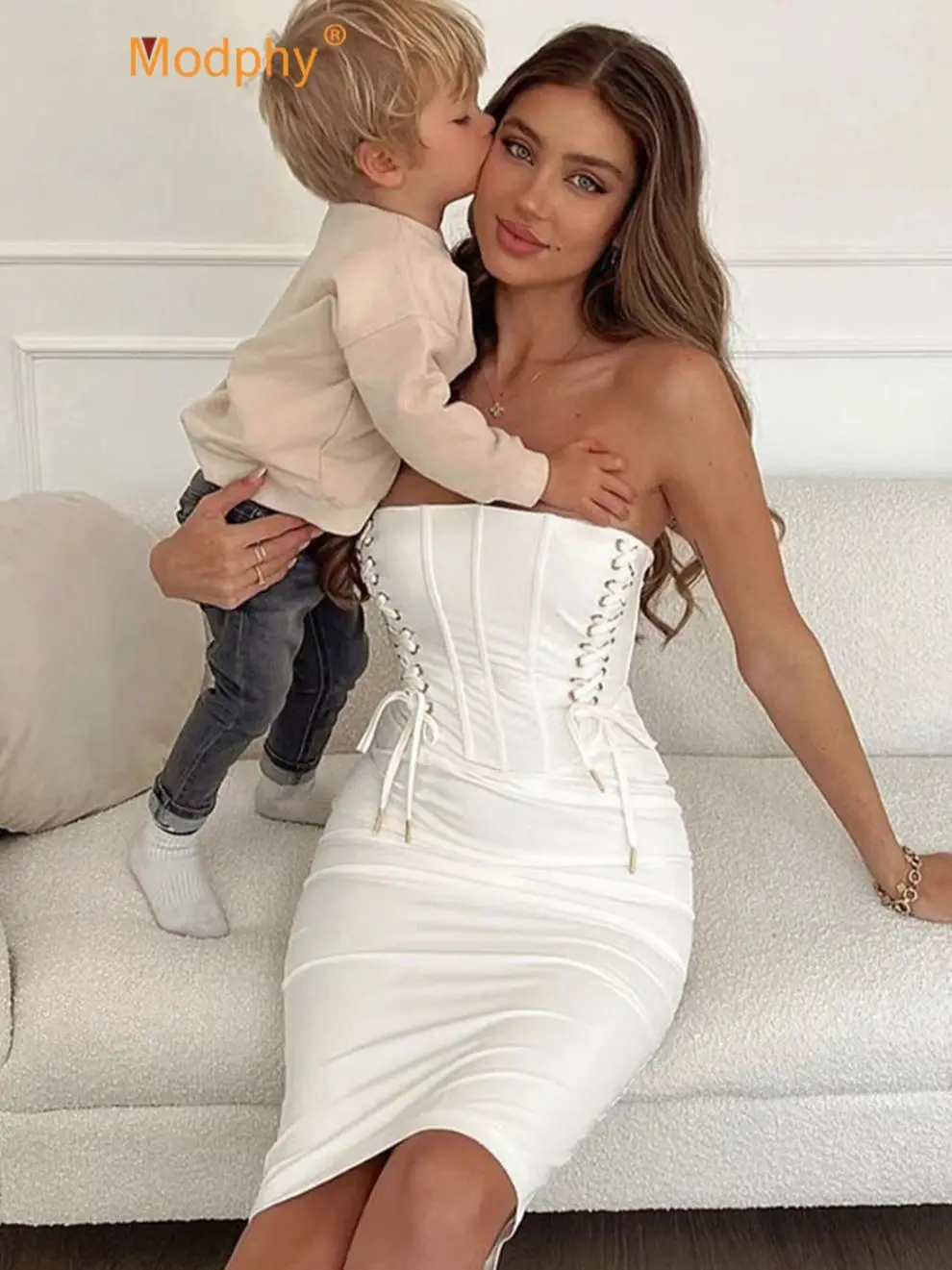 

Summer New Strapless White Bandage Midi Dresses Women's Sexy Backless Tie Bodycon Fashion Club Party Nightclub Dress Vestidos