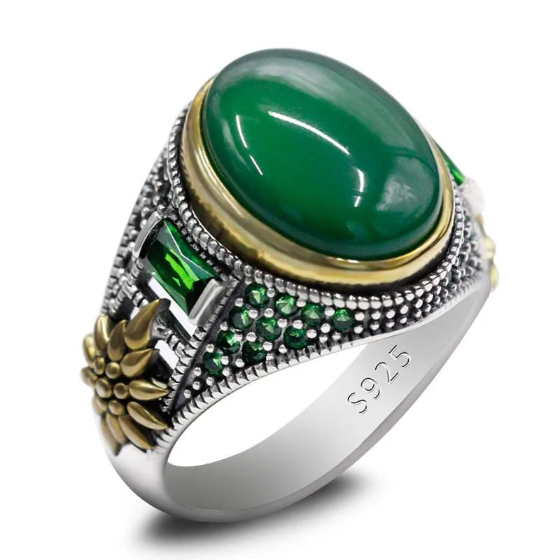 Кольцо ручной работы из серебра 925 пробы с натуральным зелёным агатом
