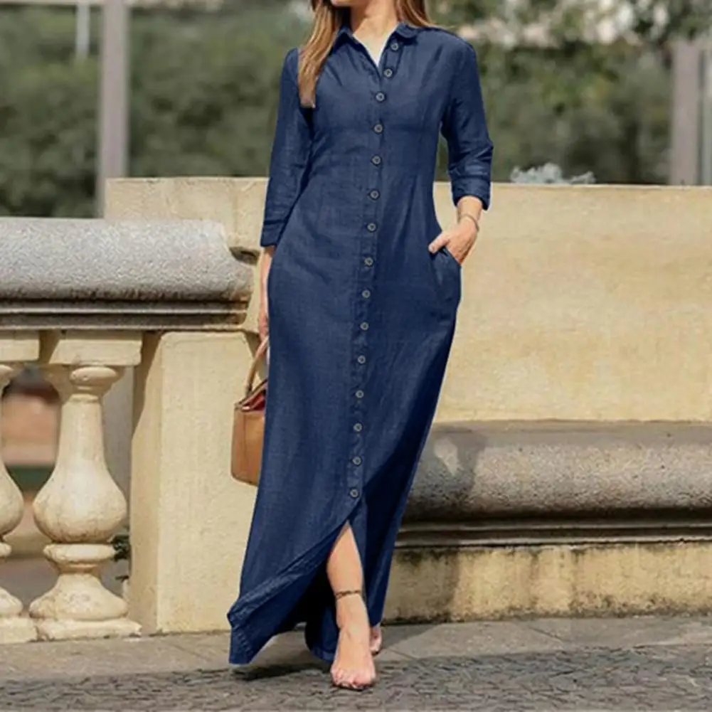 Amazing Solid Color Buttons Closure Long Dress Denim Dress Soft Texture All-Match