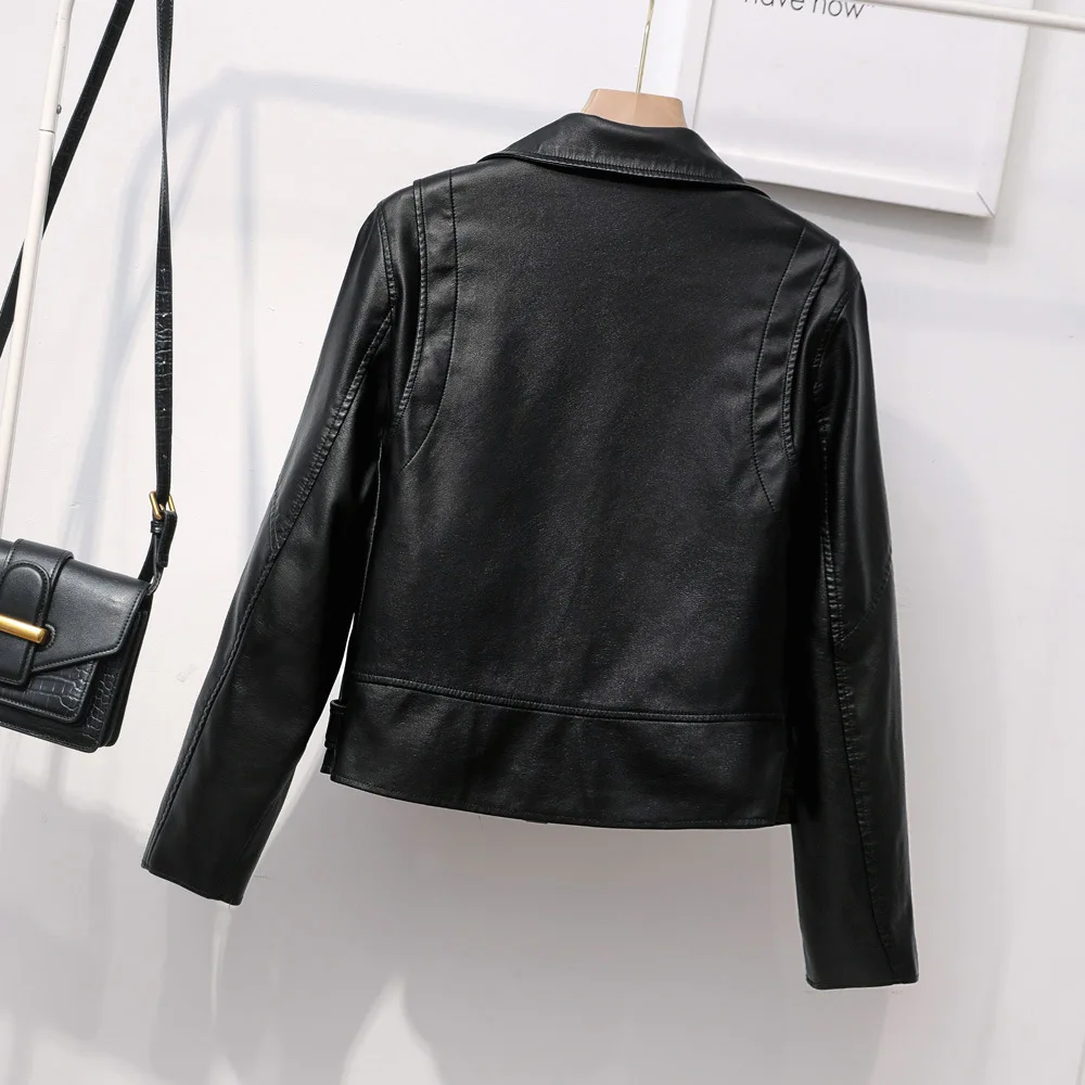 Heavy Industry zipper lapel belt women's leather jacket motorcycle suit slim short coat