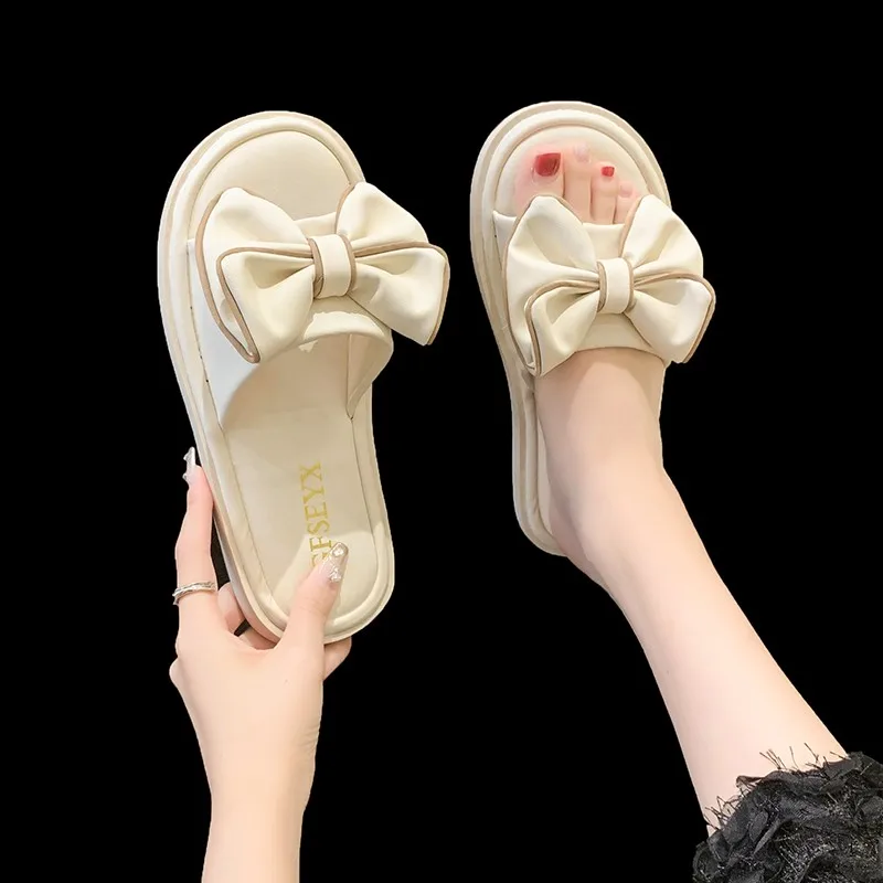 Korean Version 2cm Flat Shoes With Bow Embellished Slippers Women's Flip-Flops Green Sandals New 2023 Summer Slipper Fashion