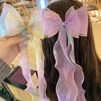 large childrens hair clip long net yarn bowknot ribbon gradient rainbow bow hairpins girl headdress streamer braided hairpin
