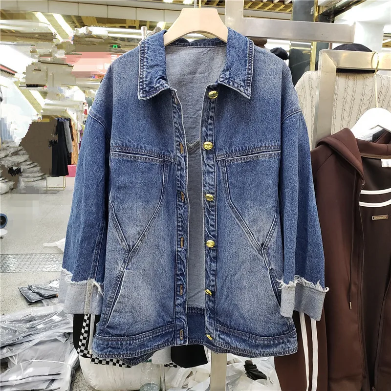 

Spring New Women Washed Blue Jeans Jacket Casual Fashion Frayed Burrs Lapel Long Sleeve Denim Jacket Coat Loose Casaco Feminino