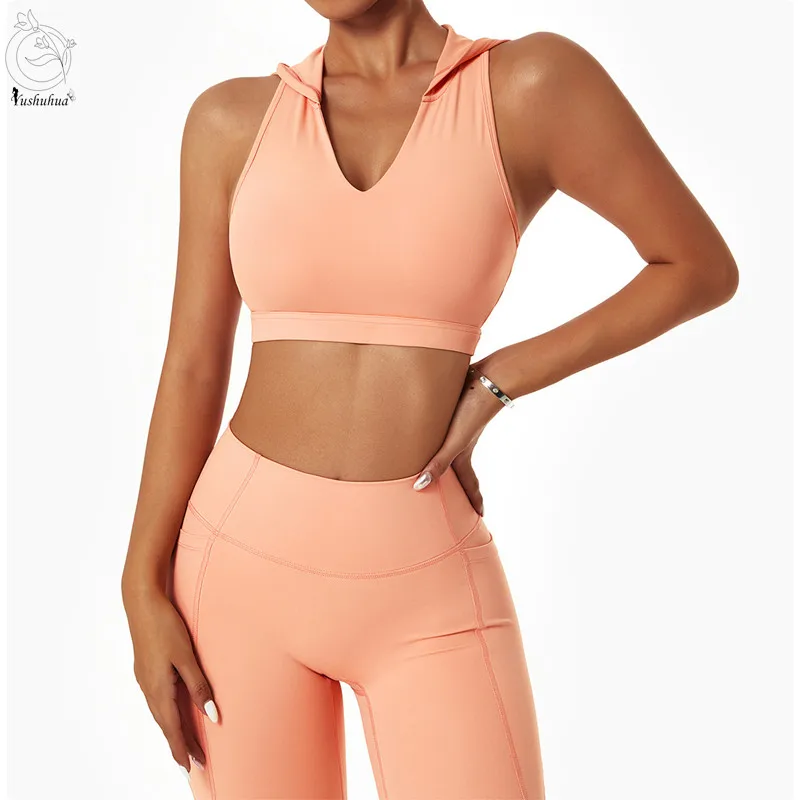 Yushuhua Hooded Fitness Vest Women's Gym Yoga Bra Sexy Gather Casual Crop Top Cycling Run Sports Bra Female Solid Underwear
