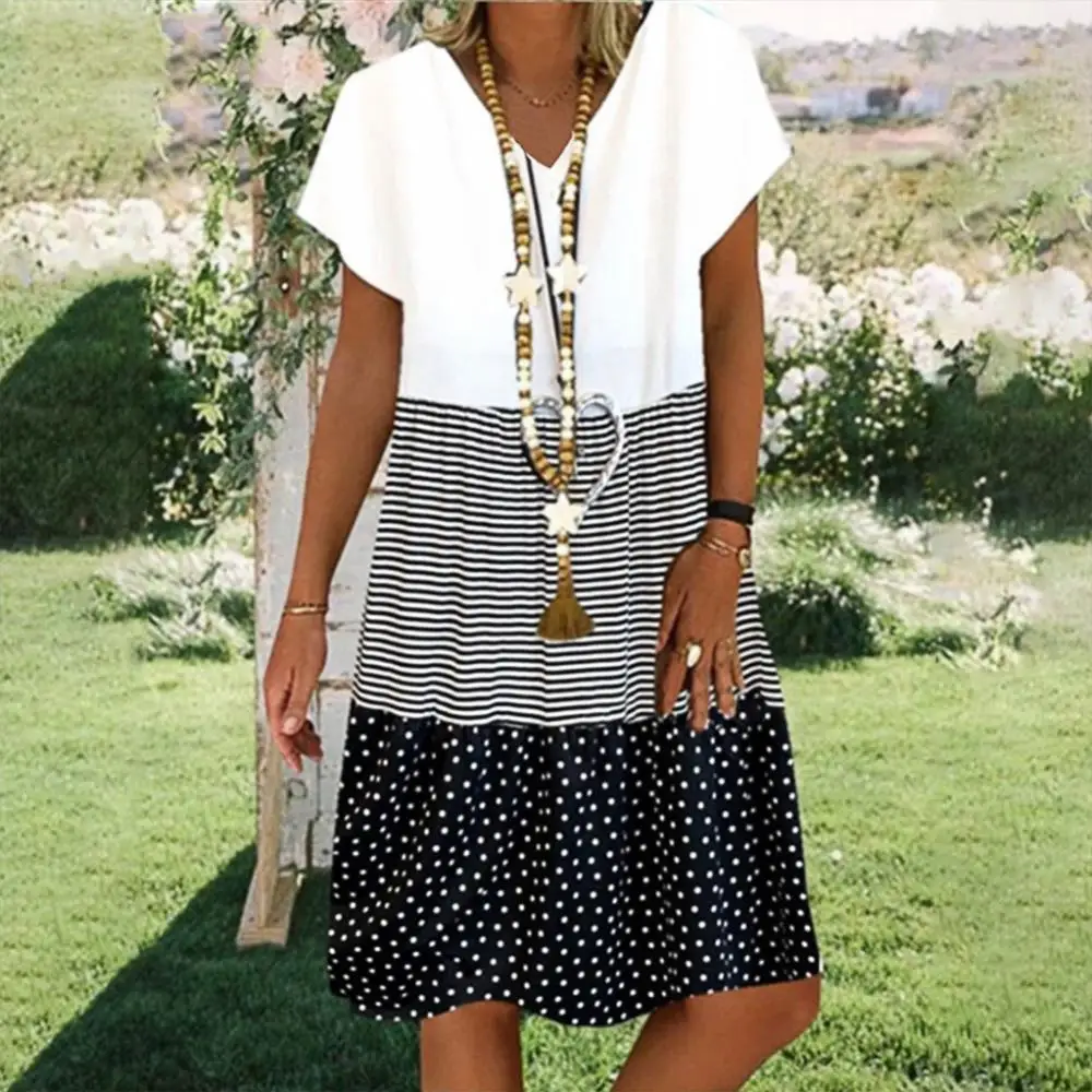 

Women Boho V Neck Short Sleeve Stripes Dots Patchwork Loose Knee-length Dress