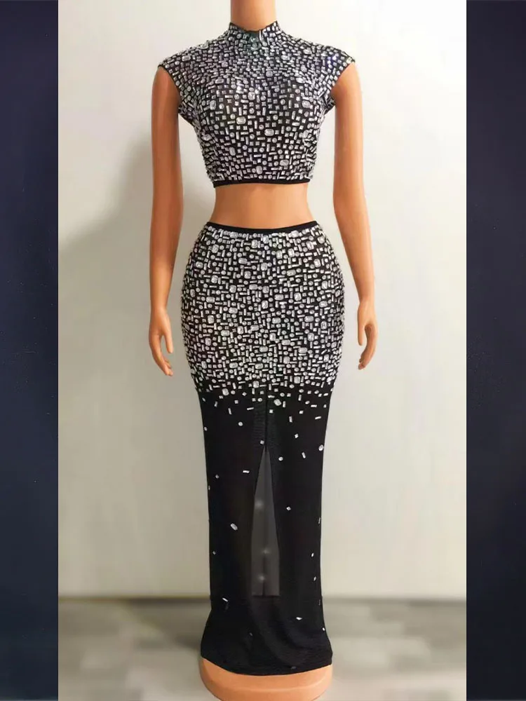 Высококачественный популярный короткий топ со стразами + эластичная юбка с