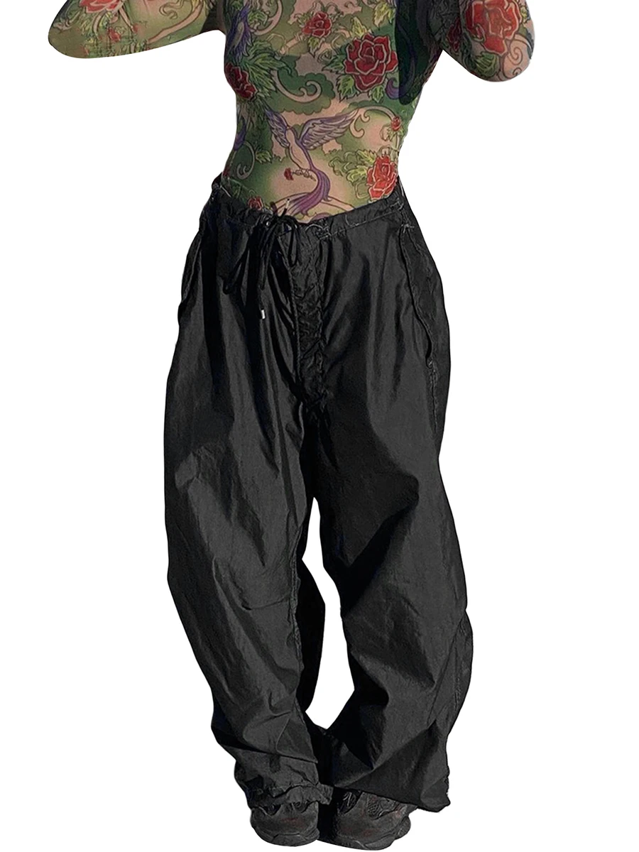 

Women Casual Baggy Cargo Trousers Solid Color Elastic Waist Tie-Up Side Pockets Loose Wide Leg Jogger Long Pants Harajuku Punk
