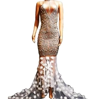 silver shining rhinestones dress sleeveless mesh gauze floral long fishtail dresses birthday party dress performance suit
