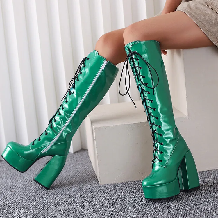 

Autumn and Winter Round Toe Patent Leather Thick Heel Lace-up High-top Martin Boots Are Thin and Super High-heeled Women's Boots