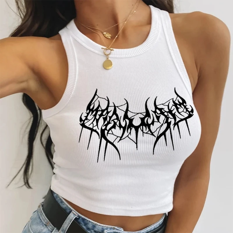 

Y2K clothes Women Fashion Sleeveless t-shirt O-Neck Basic Top Slim Tee Streetwear Vintage Gothic fairy grunge Aesthetic Crop Top