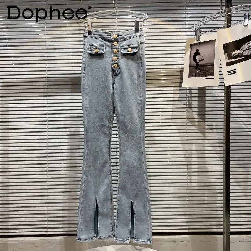 

High Street Metal Buckle Pocket Waist Jeans Women High-Waist Blue Slim Stretch Split Skinny Denim Pants 2022 Spring New Trousers