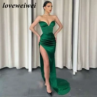 loveweiwei emerald green sweetheart backless satin evening dresses mermaid arabic high side split party gown sweep train robes