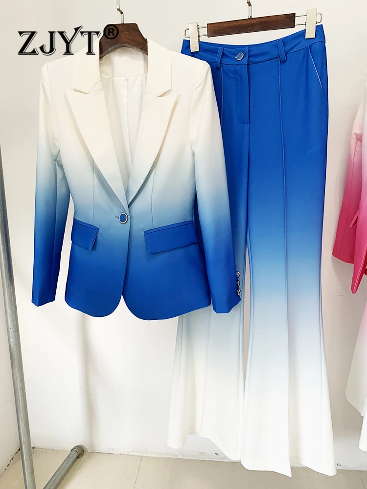 

Блейзер и брюки ZJYT женские, элегантный офисный комплект из 2 предметов, деловые костюмы с градиентными цветными брюками, синий, Осень-зима
