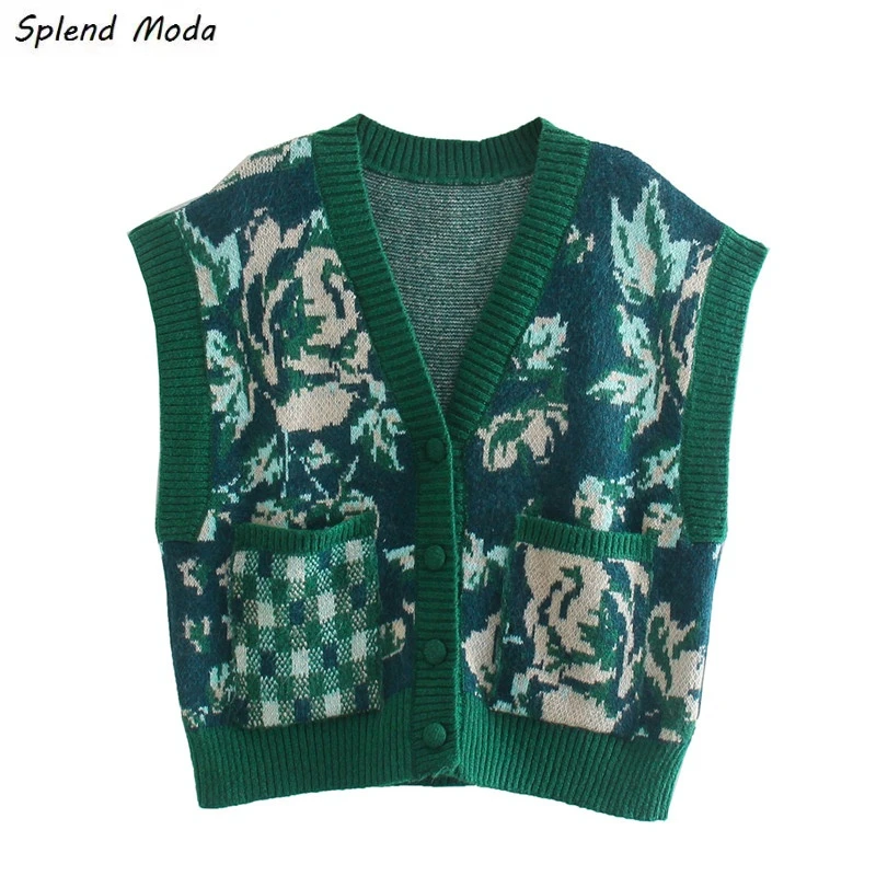 

Splend Moda Autumn Winter Fashion Vintage V-Neck Sleeveless Floral Jacquard Single-Breasted Knitted Loose Cardigan Women Sweater