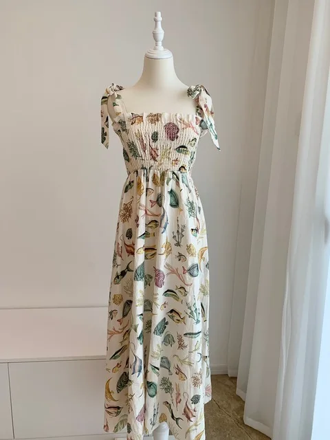 

Women Midi Dress Printed Elastic Sleeveless Sling Slim Robe Beach Style