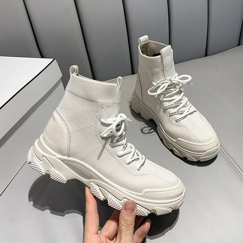 

New Women Shoes Autumn Winter Sock Boots Thick soled Casual Large Size Lace up Soft Knitted Short Boots Women Botas De Mujer