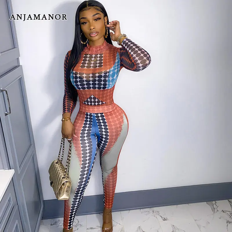 

ANJAMANOR Polka Dot Mesh Sheer 2 Piece Set Jumpsuit Long Sleeve Bodysuit Top Leggings Sexy Nightclub Outfit for Women D85-DI26