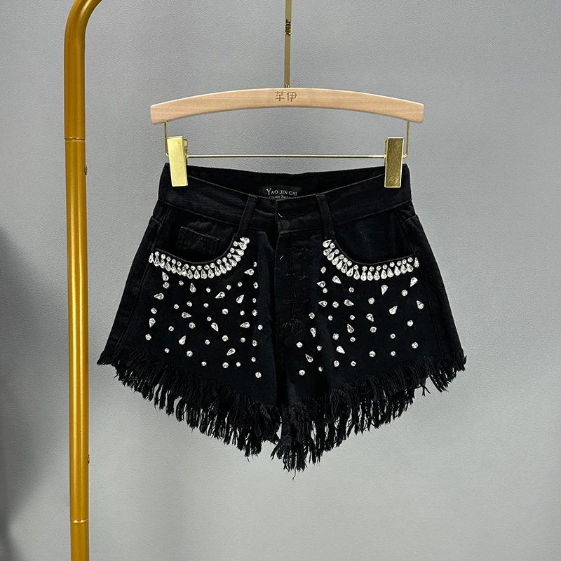 European Sexy Raw Edge Denim Shorts Women Summer 2023 New High Waist Single-Breasted Slim Diamond-Embedded Wide-Leg Short Pants