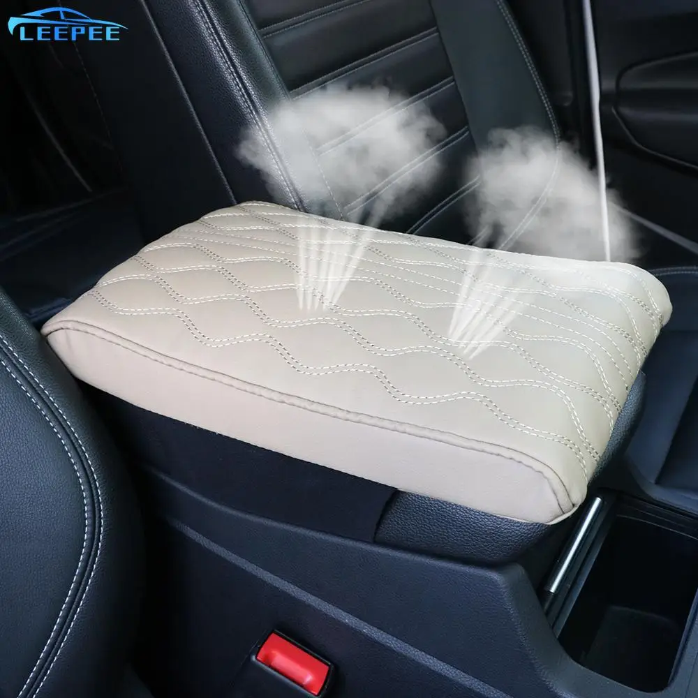 

PU Leather Wave Embroider Car Armrest Mat Auto Armrests Storage Box Cover Pad Center Console Arm Rest Protection Cushion