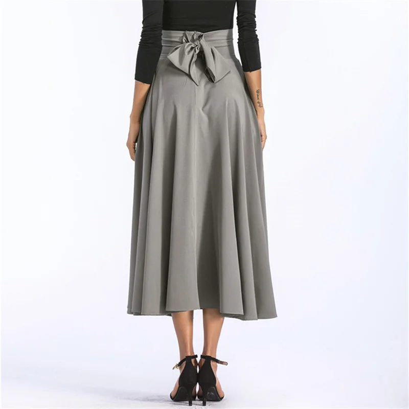 

2021 Women Slit Long Maxi Skirt Vintage Ladies Fashion Pleated Flared Pockets Lace Up Bow Plus Size 4XL Skirt SK8831