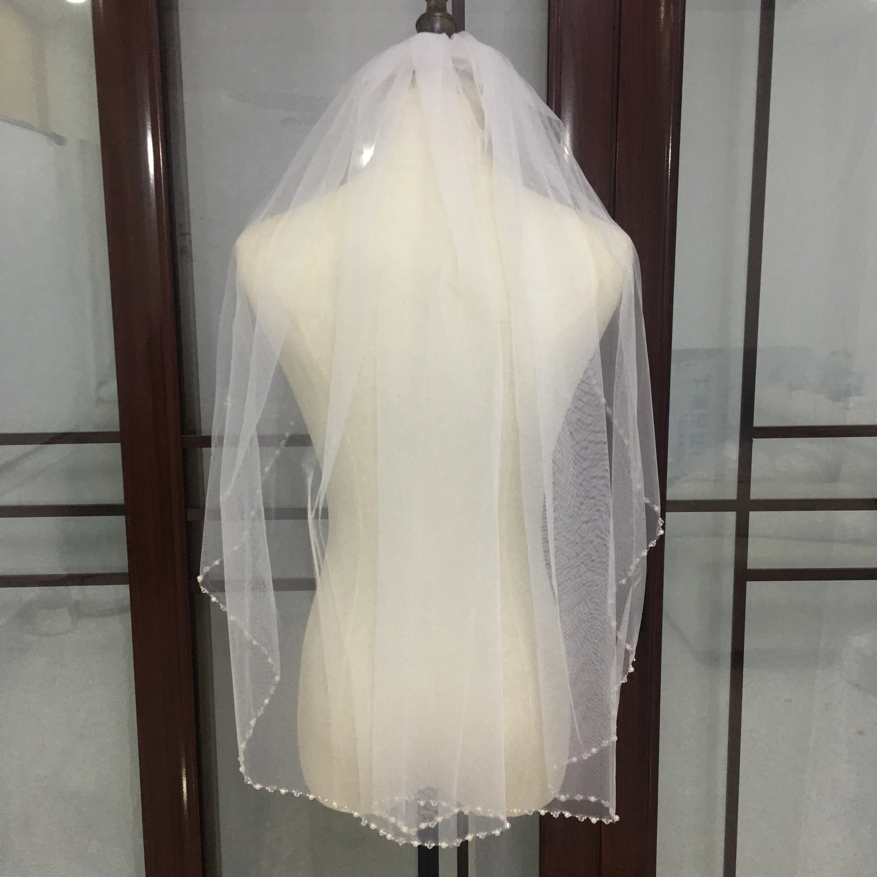 

New Short 1 Tier Wedding Veils with Comb Simple Pearls Beaded with Blusher Bride Handmade Elegant Veil Bridal Hair Accessories