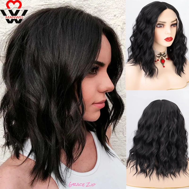 MANWEI Brown Black Short Wig Synthetic Middle Part Hair Front Lace Women Heat Resistant Everyday Wear