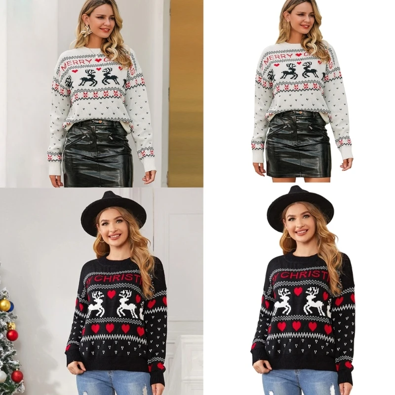 

Women's Christmas Reindeer Pattern Knitted Sweater Neck Long Sleeve Pullover Sweater Casual Oversized Jumper Tops