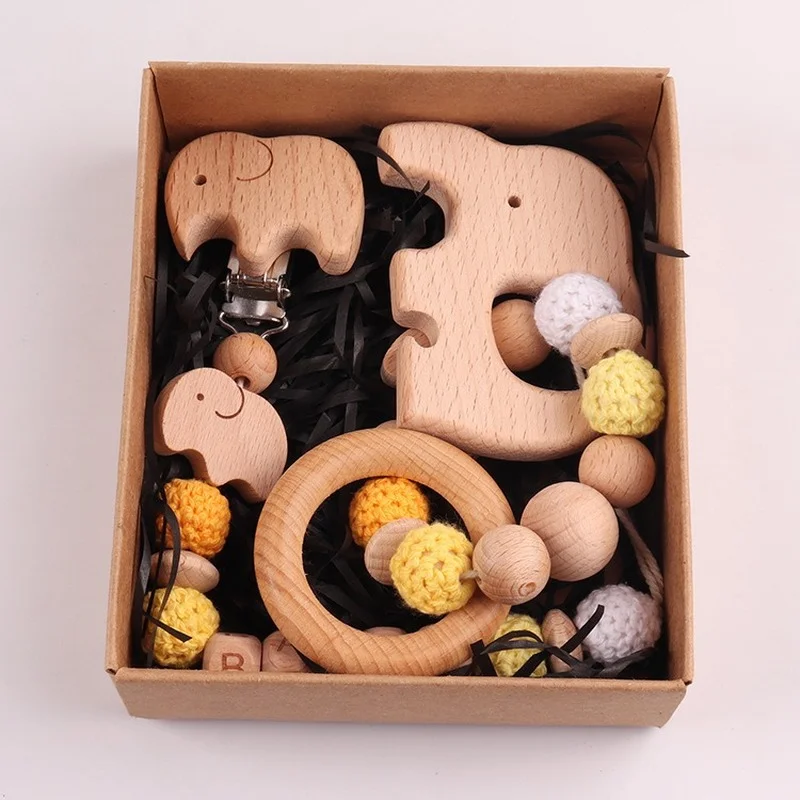 

2PCS Baby Pacifier Chain Elephant Wooden Clip Crochet Beads Teether Pacifier Chain Clip Rattle Teething Bracelets Newborn Toys