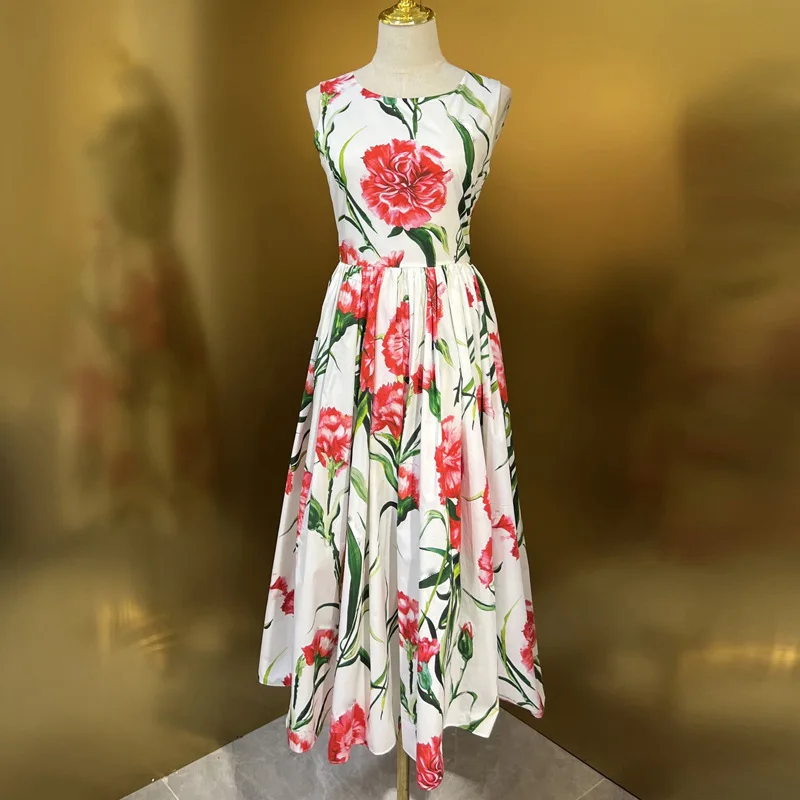 

Dresses Women Spring Summer 2023 100% Cotton Midi New Fashion Women Sleeveless Red Flowers Print Chic elegance Women Dress