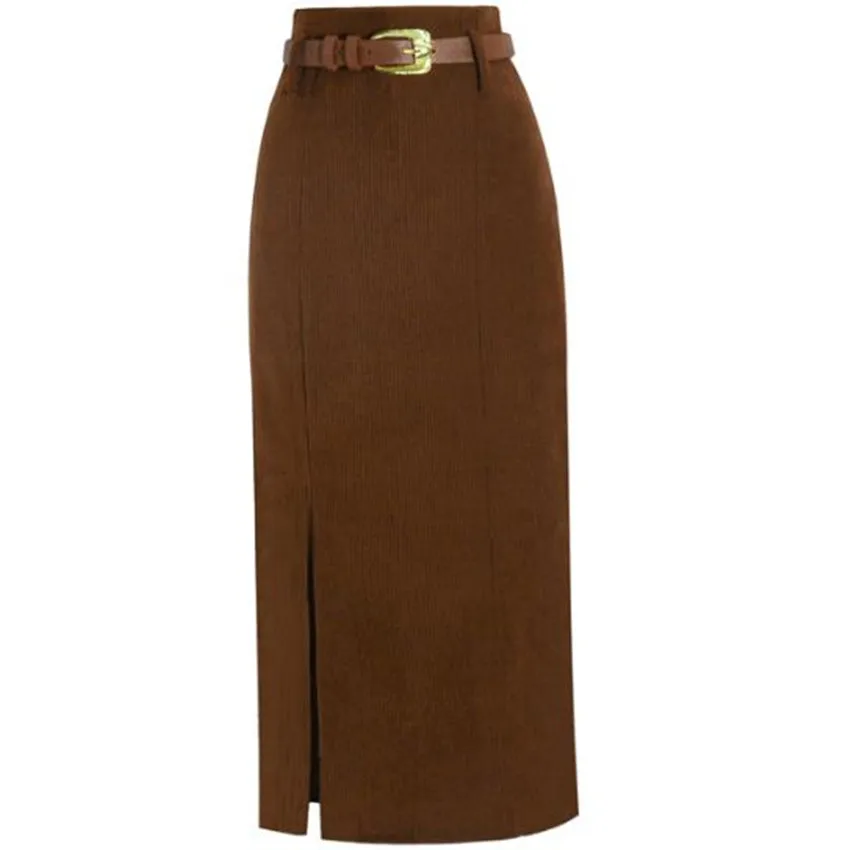 

Vintage Women Autumn Winter Corduroy Skirt With Side Slit Midi A-line Hight Waist Elegant Fashion