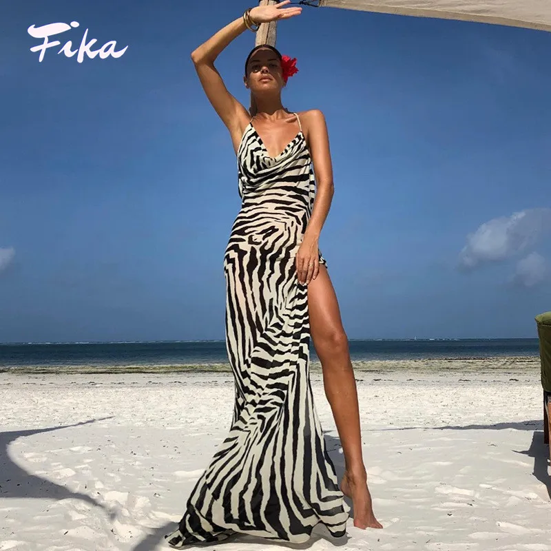 

Sexy Printing Sleeveless Straps Mid-calf Dresses Summer 2022 Side Split Backless Dresses Beach Style Women Holiday Casual Wear