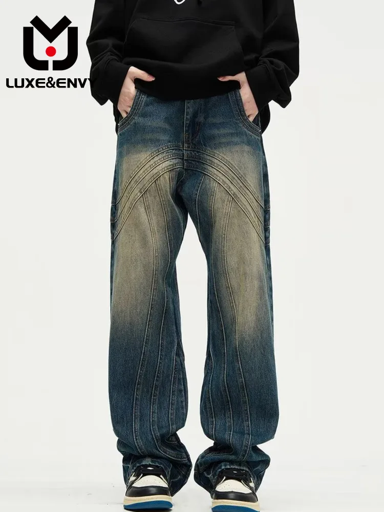 

Джинсы LUXE & ENVY мужские прямые в стиле ретро, Свободные повседневные штаны в стиле пэчворк, синие, весна-осень, 2023