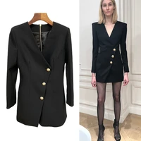 high street new fashion 2022 designer stylish womens long sleeve notched collar lion buttons double breasted blazer dress