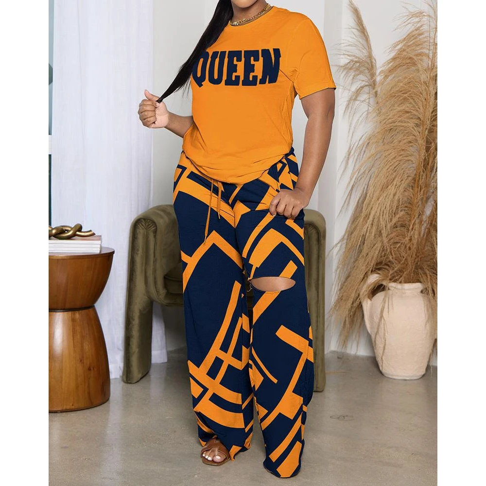 Women's Summer Fashion Loose Letter Geometric Print Top & Cutout Wide Leg Pants Set Casual Sporty 2 Pieces Set Hip Hop Suit Sets