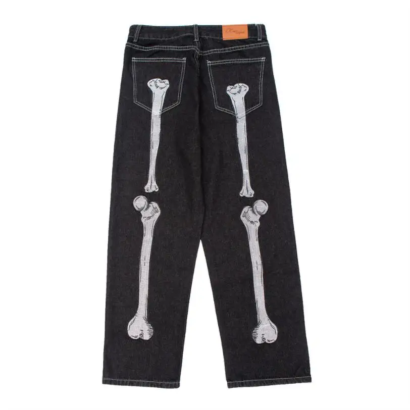 Dark Skeleton Embroidery Men Jeans 2022 Autumn High Street Baggy Wide Leg Pants Man Casual Straight Trousers Pantalon Homme w52