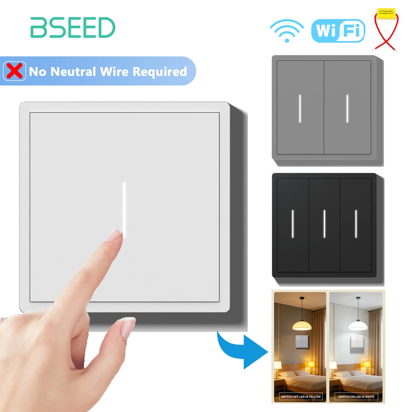 Фото BSEED WIFI-выключатель с кнопкой, 1/2/3/4-клавишный, умный выключатель с пластиковой рамкой, Tuya Smart Life, голосовое управление Alexa, без нейтрального провода №1