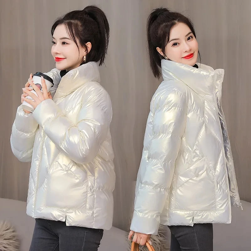Women's Winter Glossy Parkas 2022 New Solid Elegant Loose Coat Warm Down Casual Cotton Padded Jacket Fashion Streetwear Outwear