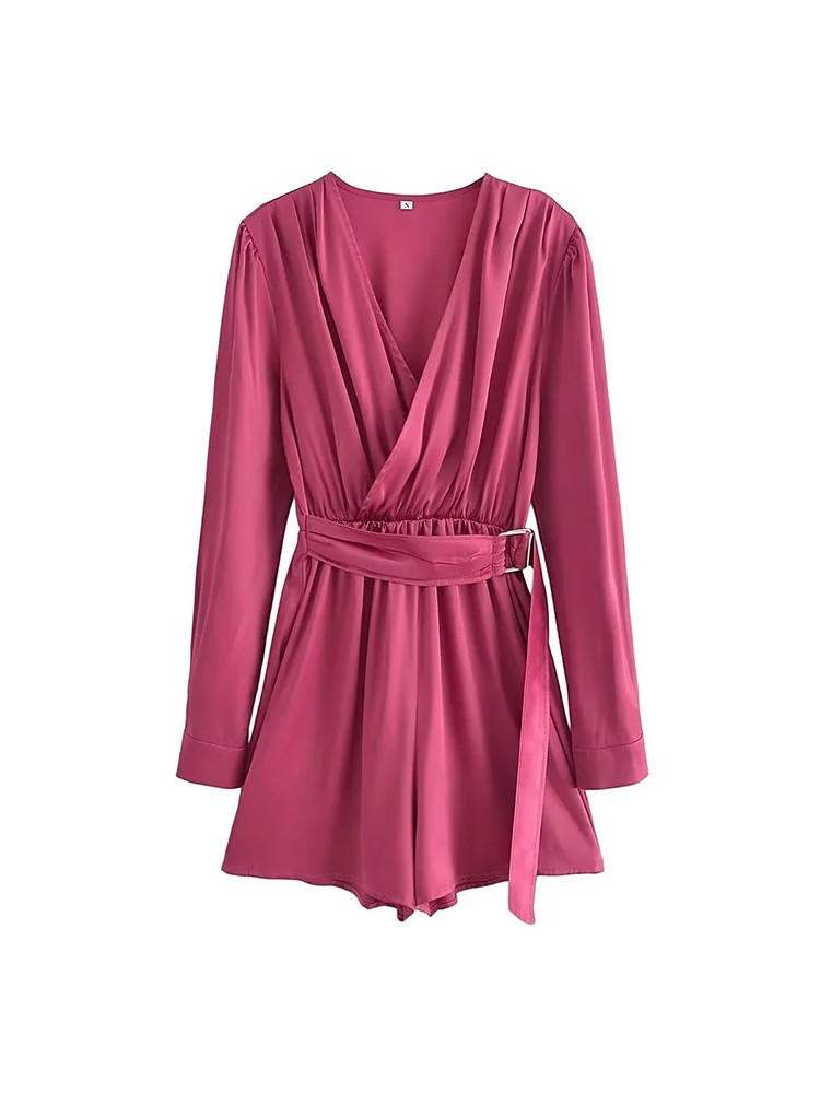 

PB&ZA2023 early spring new women's fashion V-neck temperament slim chic satin short jumpsuit 2022845