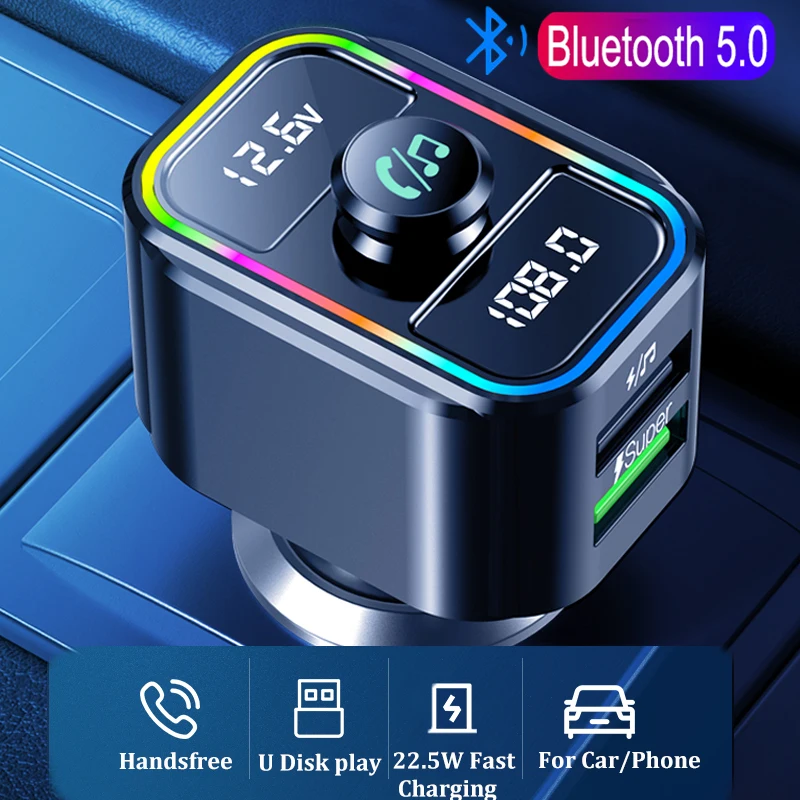 

Автомобильный FM-передатчик с Bluetooth и двумя экранами, FM-модулятор, громкая связь, mp3-плеер, 22,5 Вт, супербыстрая зарядка QC3.0, Поддержка U-диска