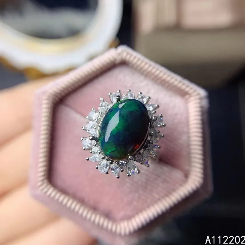 

Vintage Classic Natural Opal Ring 925 Sterling Silver Inlaid Black Large Gemstone Women's Ring Bridal Wedding Engagement Party