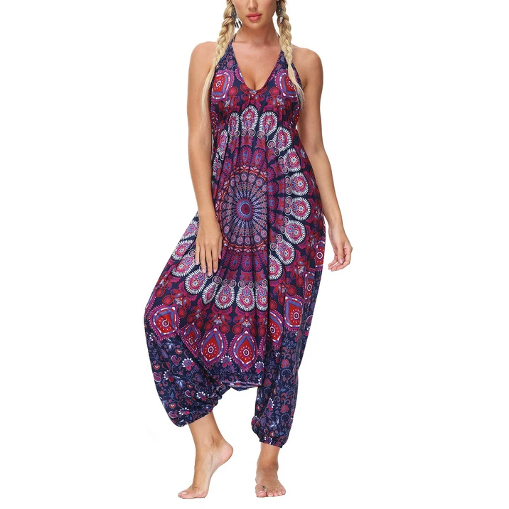 

Summer Jumpsuit Sleeveless Indian Print Casual Women Playsuit Tie Dye Boho Sling Drop Crotch Retro Loose Jumpsuit Harem Pants