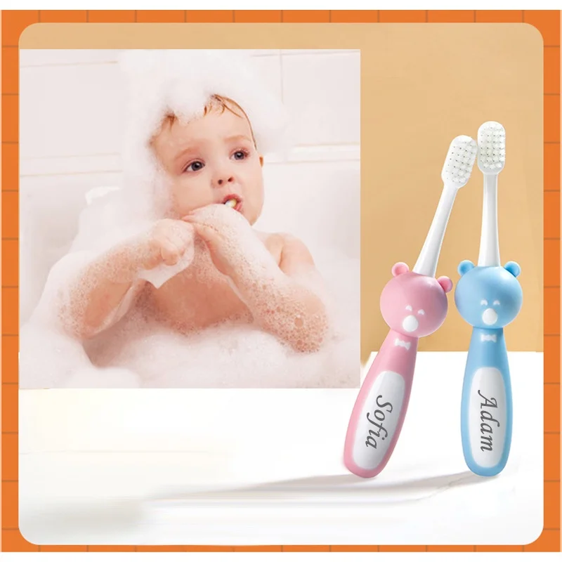 Customizable baby name cute cartoon bear children's soft bristle toothbrush 2-7 years old suitable toothbrush
